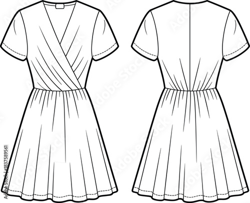 Technical flat sketch of wrap dress, short sleeve V-neck gathered waist pleated skirt design, fashion template, garment construction drawing, apparel illustration, vector outline