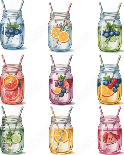 Fruit-infused mason jar illustration set, cartoon detox water clipart, colorful beverage artwork, summer drink concept, healthy hydration design, kitchen refreshment elements