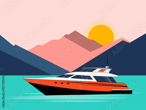 Motorboat on the water, set against a backdrop of mountains and a sunset. Yacht vector illustration. Flat illustration concept.