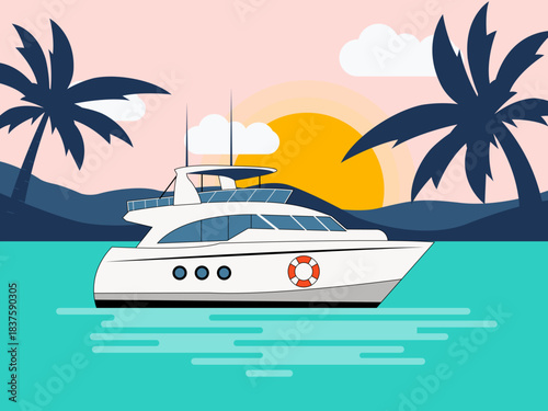 Motor yacht on the water under a sunny sky. Yacht vector illustration. Flat illustration concept.