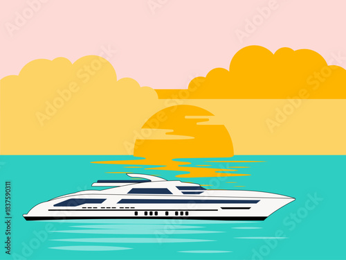 Luxury yacht at sunset. Yacht vector illustration. Flat illustration concept.