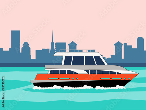 Modern motor yacht in the water with a city skyline in the background. Yacht vector illustration. Flat illustration concept.