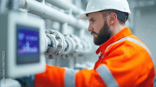A focused worker in an orange safety suit monitors machinery with precision, showcasing dedication in an industrial environment.