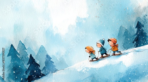 Three children play in a snowy landscape, enjoying a winter day, surrounded by tall, blue pine trees and a gentle snowstorm.