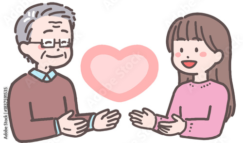 シニア男性と若い女性がハートと向き合うイラスト