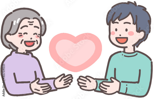 シニア女性と若い男性がハートと向き合うイラスト