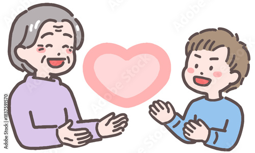 シニア女性と男の子がハートと向き合うイラスト