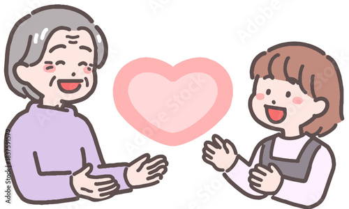 シニア女性と女の子がハートと向き合うイラスト