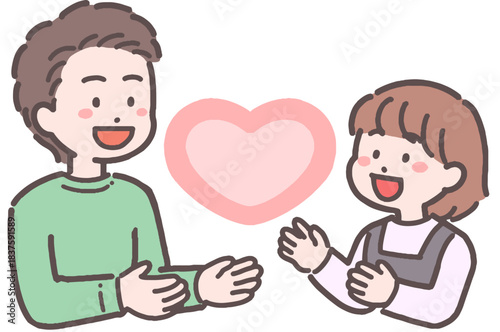 若い男性と女の子がハートと向き合うイラスト