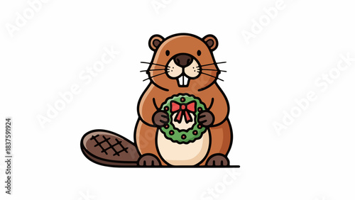 a cute beaver holds a christmas wreath on its hands vector