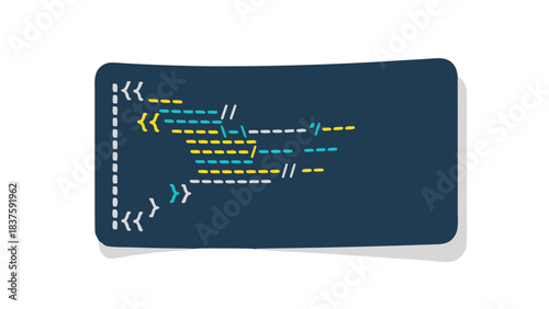 Abstract Dark Blue Screen Displaying Teal Yellow and White Code Snippet with Stylized Rounded Edges and White Background Accents