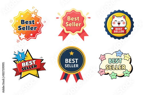collection of colorful stickers with text that says best seller.
