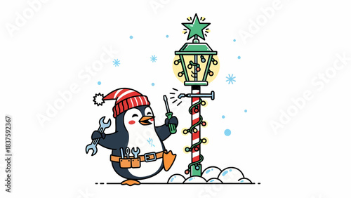 Cute cartoon penguin in Santa hat and tool belt decorating a lamppost with Christmas lights in falling snow.