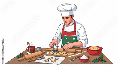 A male chef in a festive apron is baking Christmas star cookies on a wooden table with a rolling pin, flour, and a mug of hot cocoa.
