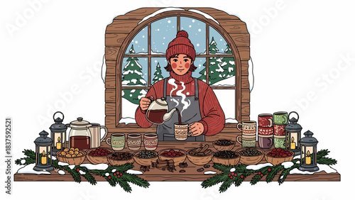 A person in winter attire pouring a hot drink at a festive outdoor stall with various ingredients and snowy window view.