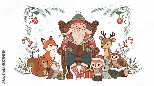 Santa Claus reading a story to cute forest animals in a snowy winter wonderland with Christmas decorations and presents.