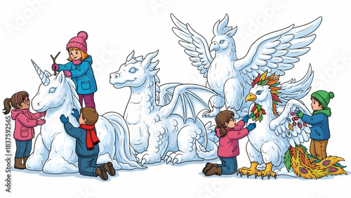 Children building and decorating elaborate snow sculptures of mythical creatures like a unicorn, dragon, griffin, and phoenix in winter.