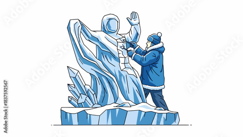 A person in warm winter clothes meticulously carving a large, intricate ice sculpture of a human figure with draped fabric.
