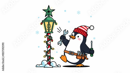 A cute cartoon penguin in a Santa hat fixing a festive lamppost decorated with Christmas lights and a star.