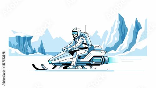 A futuristic explorer in a white suit rides a sleek snowmobile across a frozen arctic landscape with blue ice mountains.