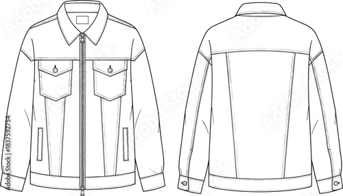 Unisex Denim or Workwear Jacket Technical Fashion Flat Sketch Template, Featuring Classic Collar, Zipper Closure, Flap Chest Pockets, and Welt Pockets, Front and Back View Outline Drawing.