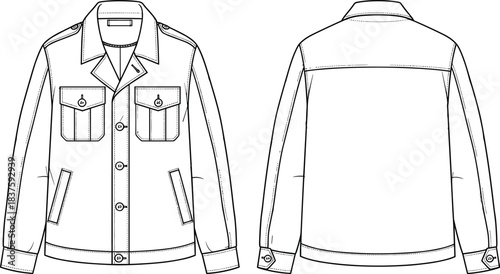 Unisex Military Style Field Jacket Technical Fashion Flat Sketch Template, Featuring Classic Collar, Button Closure, Four Patch Pockets, Epaulettes, and Clean Hem, Front and Back View Outline Drawing.