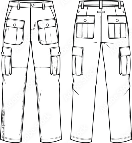 Unisex Multi-Pocket Cargo Pants Technical Fashion Flat Sketch Template, Featuring Bellow Pockets on Thigh and Knee, Waistband with Belt Loops, and Straight Leg Fit, Front and Back View
