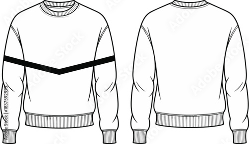 Unisex Oversized Chevron Stripe Sweatshirt Technical Fashion Flat Sketch Template, Featuring Crew Neckline, Raglan Sleeves, Dropped Shoulders, and Ribbed Hem and Cuffs, Front and Back View Outline