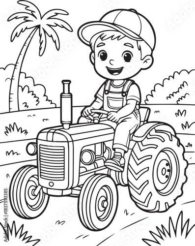Outlined toddler happily drives a tractor beneath a palm tree in monochrome art