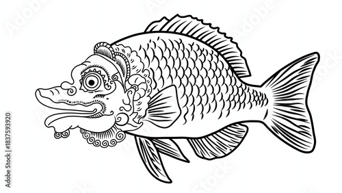 A detailed black-and-white illustration of a mythical fish with expressive eyes, textured scales, and ornate fins, resembling a fantasy or folklore creature.