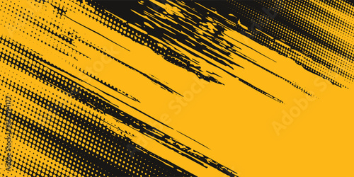 Dots pop art comics sport style vector illustration. Dots halftone yellow and black color pattern gradient grunge texture background.