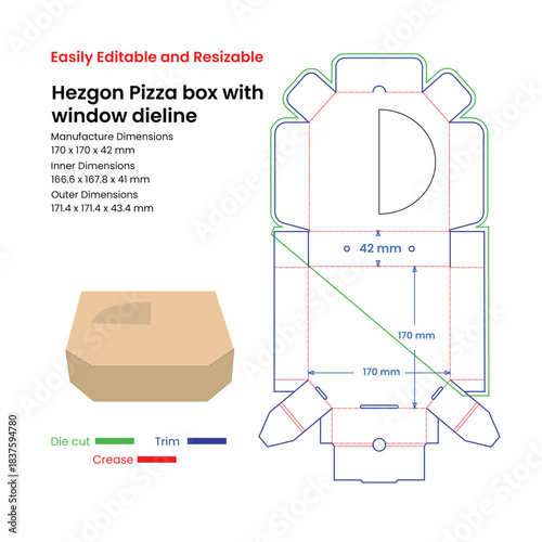 Hexagonal pizza box with window die line and dimensions on white dieline template
