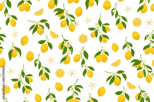 Lemons seamless pattern. Different blossom branches botanical boundless background. Decorative fruits juicy citrus endless textured design for paper print, fabric textile, wrapper backdrop template