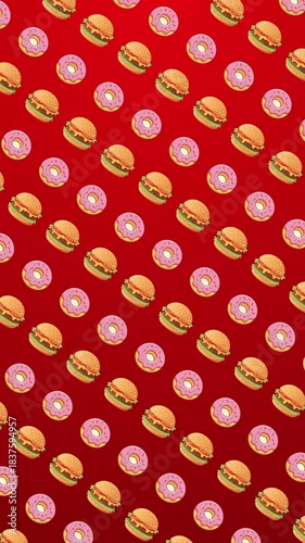 Burgers and donuts on a vertical red background, with a jump-and-rotate looping animation. Perfect for food blogs, restaurant menus, and social media posts.