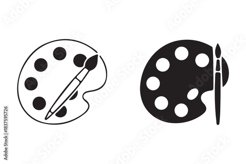Two art palettes with paint brushes one outlined and one solid black isolated on white background