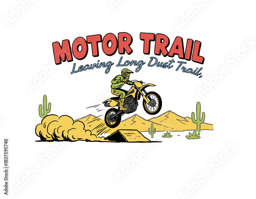 Motor Trail Desert Rider.Retro Motocross Jump Logo.Vintage Dirt Bike Emblem.Off Road Extreme Sport.Adventure Motorsport Badge
