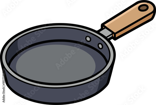 A simple cartoon illustration of a single empty frying pan with a wooden handle, ready for cooking.