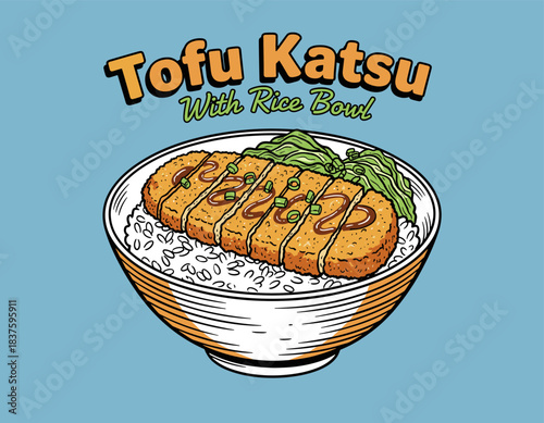 Tofu Katsu Rice Bowl Vector Art.Vegan Japanese Donburi Illustration.Retro Fried Tofu Cutlet Dish.Asian Restaurant Menu Graphic.Hand Drawn Pop Art Cuis