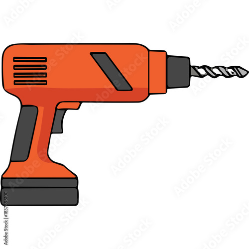 Orange and Black Cordless Power Drill with Metal Drill Bit on Black Background