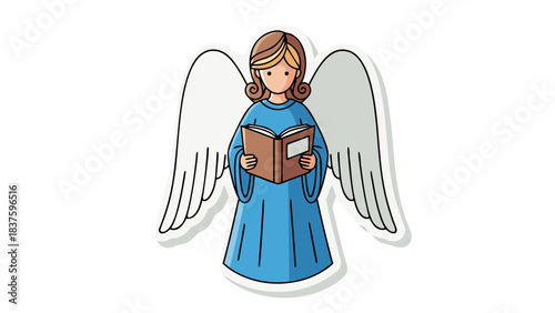 Angel With Book Wearing Blue Dress and White Wings Reading Sacred Text and Singing Hymns In Front of a Black Background, Isolated