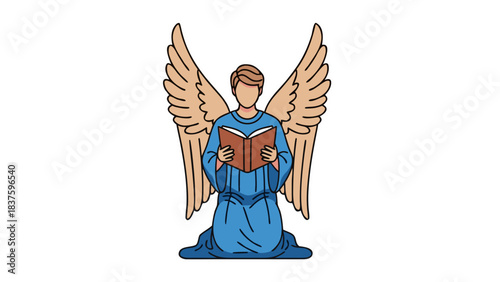 Angel with Wings Reading a Book Kneeling in Blue Robe Against Black Background