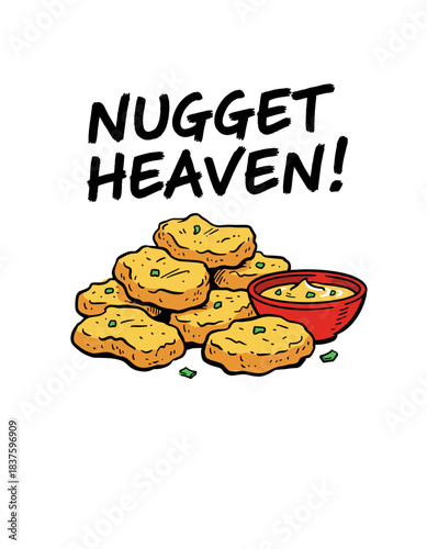 Nugget Heaven T-shirt Print.Cartoon Chicken Nuggets Dip.Fast Food Snack Illustration.Delicious Fried Meal Graphic.Crunchy Appetizer Design