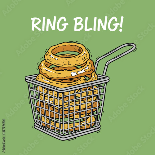 Fried Onion Rings Basket.Hand Drawn Snack Food.Ring Bling Fast Food Art.Vintage Diner Menu Item.Crispy Batter Appetizer