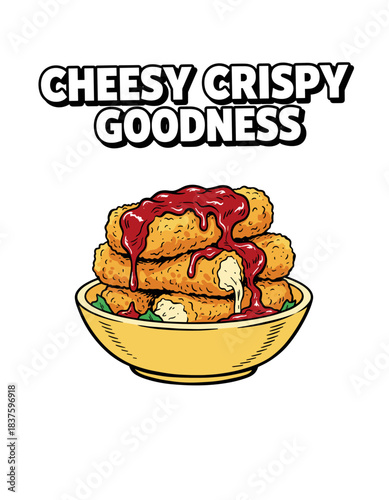 Cheesy Crispy Goodness.Retro Mozzarella Sticks.Fried Snack Vector Art.Appetizer Bowl Design.Delicious Junk Food Print