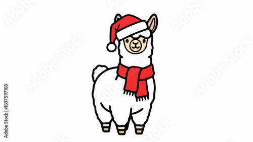 christmas flat vector of alpaca wearing santa claus hat and a red scarf