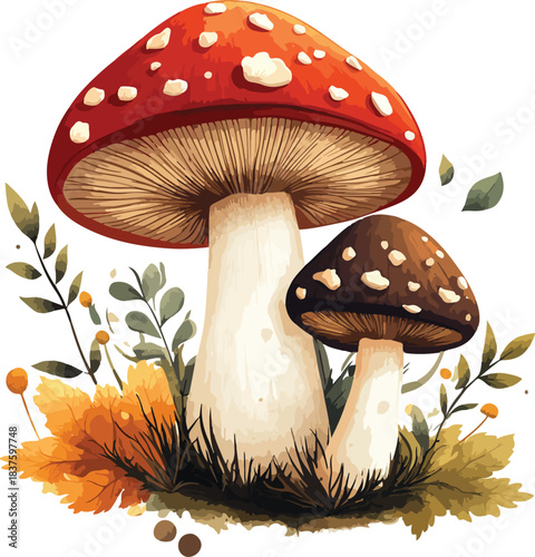 A vibrant red fly agaric mushroom with white spots grows in the lush green grass and moss of an autumn forest, a toxic amanita muscaria fungus standing out in nature