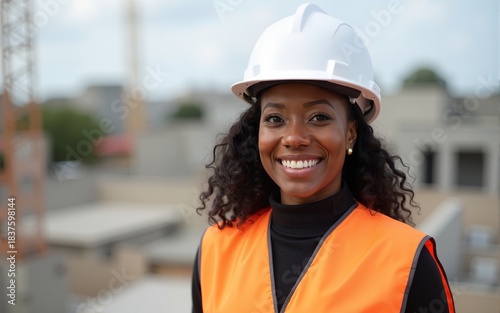Black woman, engineer and portrait at construction site, happy and pride for career in city. Person, architect and smile with helmet for safety, property and real estate with development in Kenya