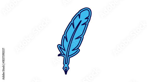 Blue Feather Quill Pen Outline Illustration Isolated on Black Background Representing Writing Creativity and History