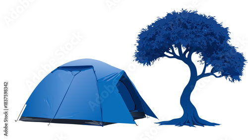 Blue Dome Tent Pitched Beside a Detailed Silhouette Tree with Blue Leaves Under Dark Sky and Moon Abstract Outdoor Camping Scene