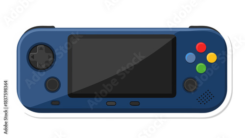 Blue handheld video game console with a black screen and colorful buttons on a white background representing portable entertainment and digital gaming technology